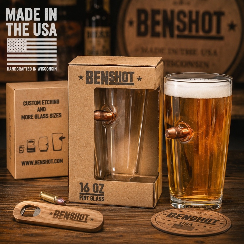 BenShot 16oz Pint Glass with Real .308 Bullet Handmade‎ in USA New in Box
